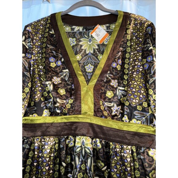 Nicole Miller Tunic Top Sz 10 Aztec Tribal Satin Blouse Pintuck 90's Y2K Style - Picture 3 of 14